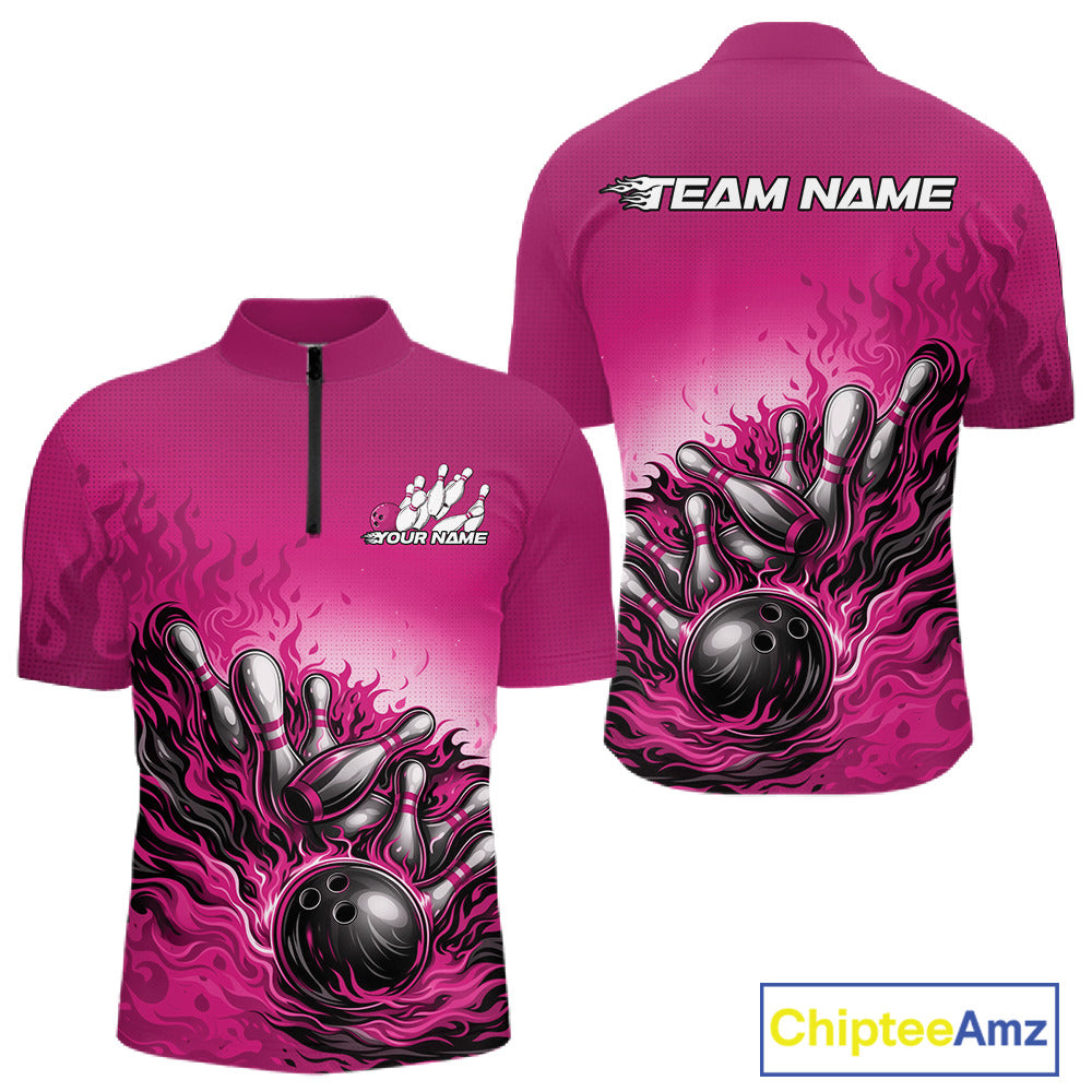Front and back view of a men’s quarter-zip bowling shirt mockup in pink, featuring flame bowling ball striking pins bold sports design.