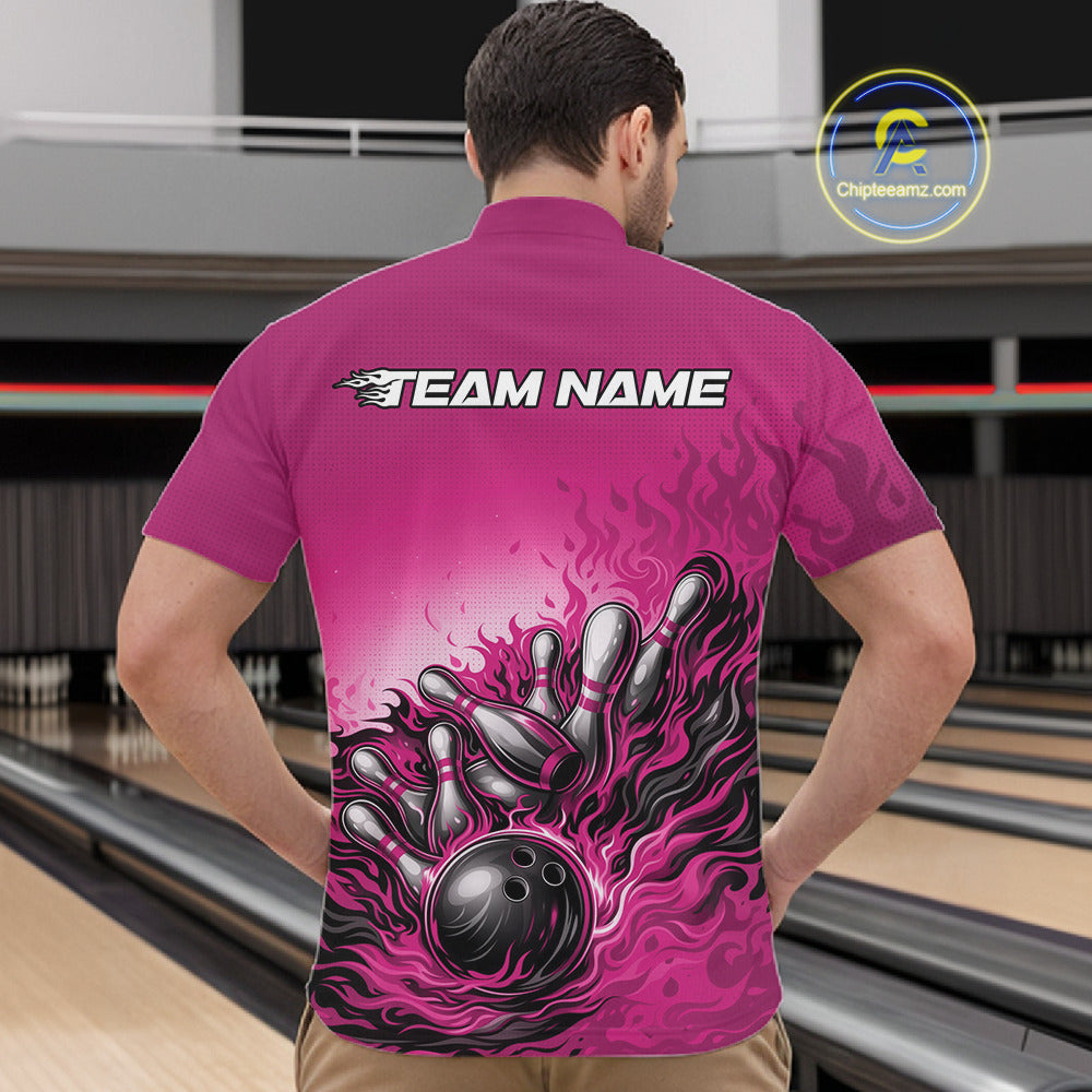 Male model in a bowling lane wearing a pink quarter-zip shirt, fiery bowling strike illustration with energetic sports visuals.