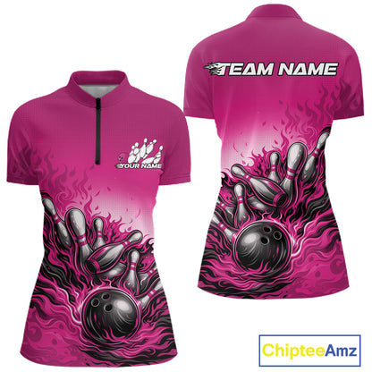 Front and back view of a women’s quarter-zip bowling shirt mockup in pink, featuring flame bowling ball and pins sporty illustration.