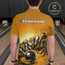 Load image into Gallery viewer, Custom Yellow Flame Bowling Tournament Men Polo Team Shirt, Fire Bowling League Shirt IPHW11219