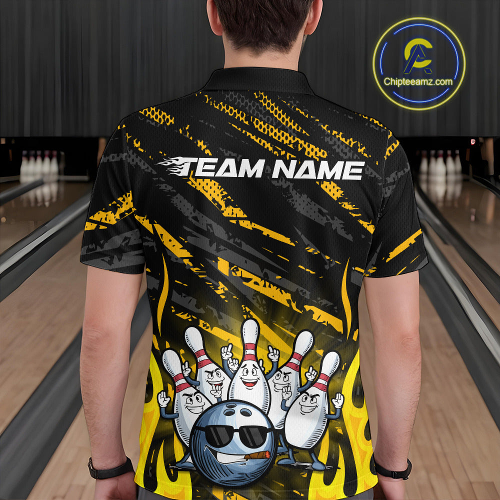 Custom Yellow Camo Funny Flame Bowling Men Polo Shirts, Bowling Team League Shirt IPHW10090