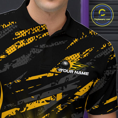 Custom Yellow Camo Funny Flame Bowling Men Polo Shirts, Bowling Team League Shirt IPHW10090