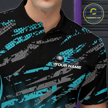 Custom Blue Camo Funny Flame Bowling Men Polo Shirts, Bowling Team League Shirt IPHW10092