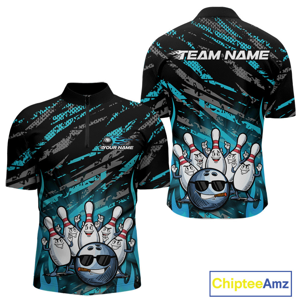 Custom Blue Camo Funny Flame Bowling Men Quarter-Zip Shirts, Bowling Team League Shirt IPHW10092