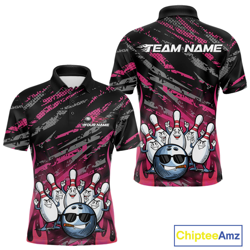 Custom Pink Camo Funny Flame Bowling Men T-Shirts, Bowling Team League IPHW10093