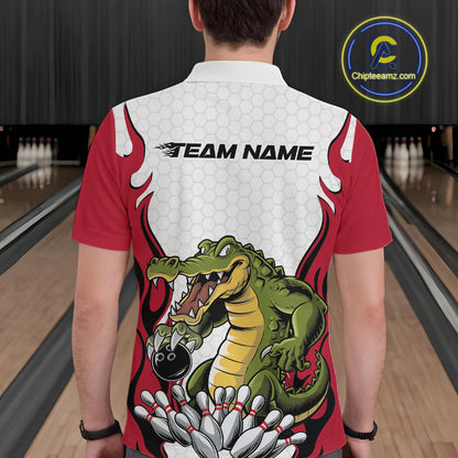 Custom Funny Alligator Bowling Men Polo Shirt, Alligator Red Bowling Team League Shirt IPHW10683