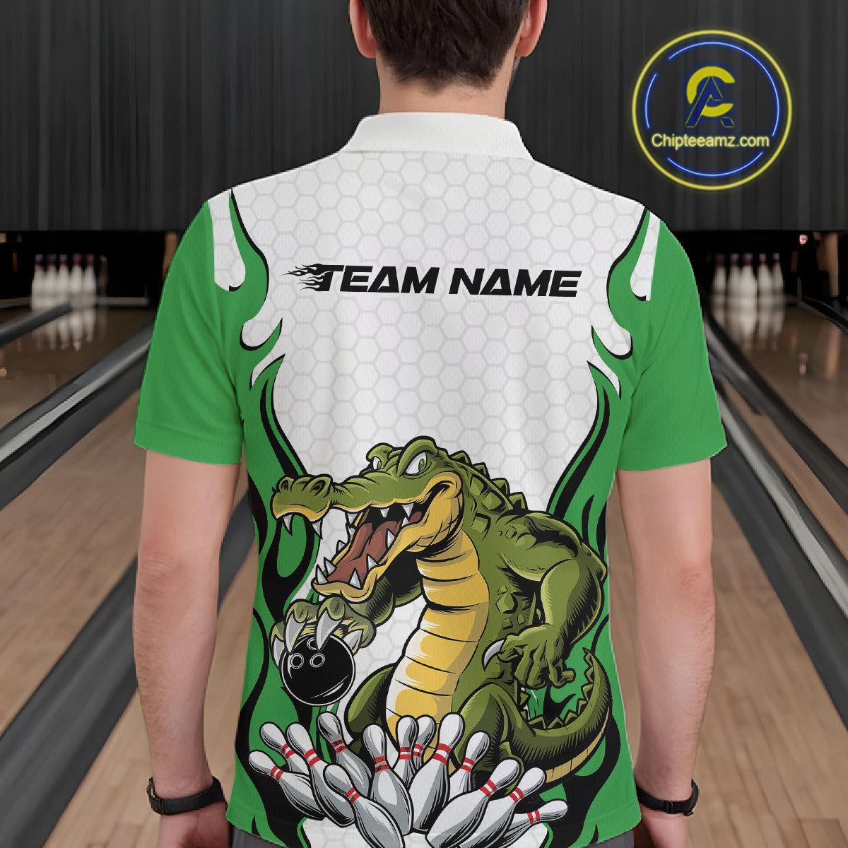 Custom Funny Alligator Bowling Men Polo Shirt, Alligator Green Bowling Team League Shirt IPHW10685