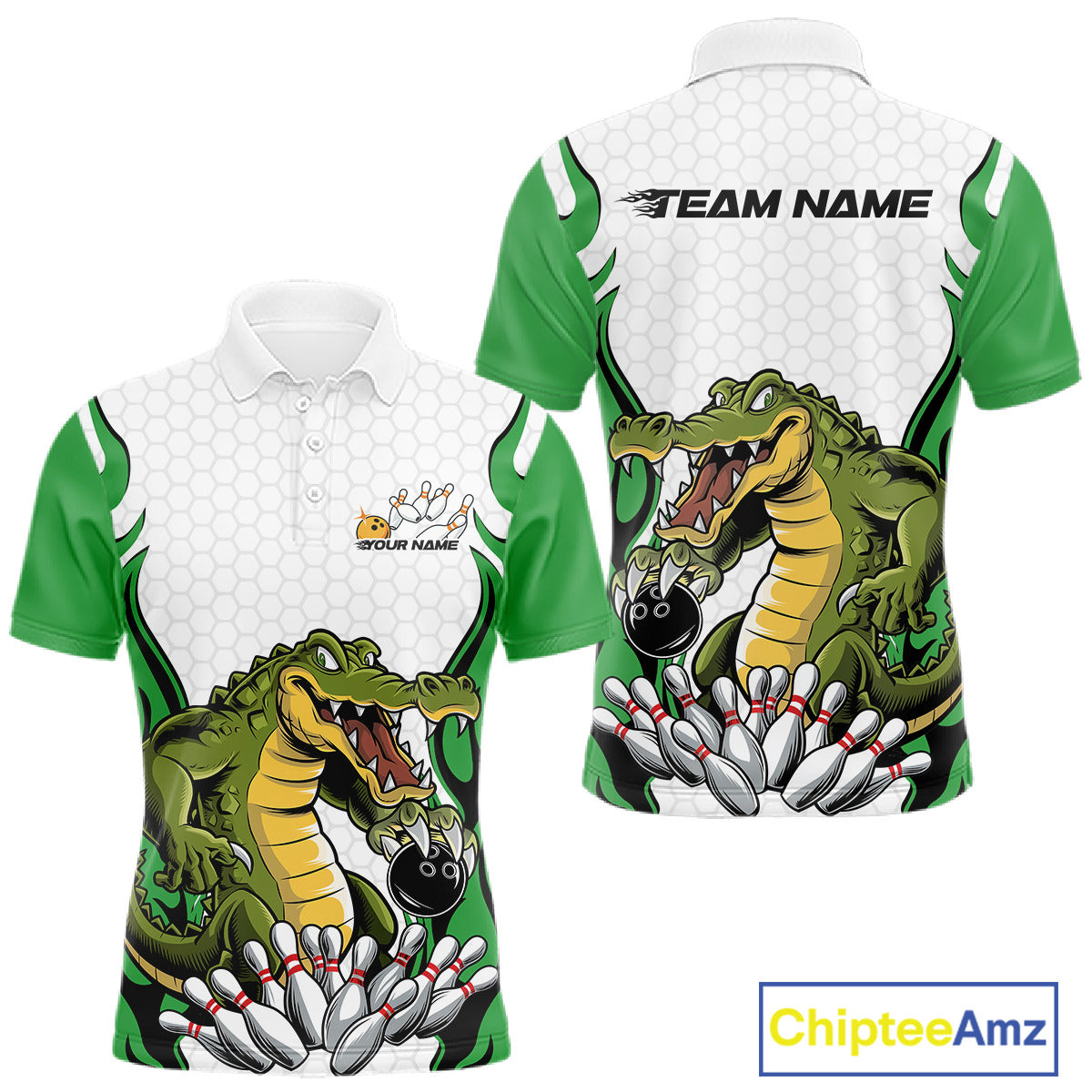 Custom Funny Alligator Bowling Men Polo Shirt, Alligator Green Bowling Team League Shirt IPHW10685