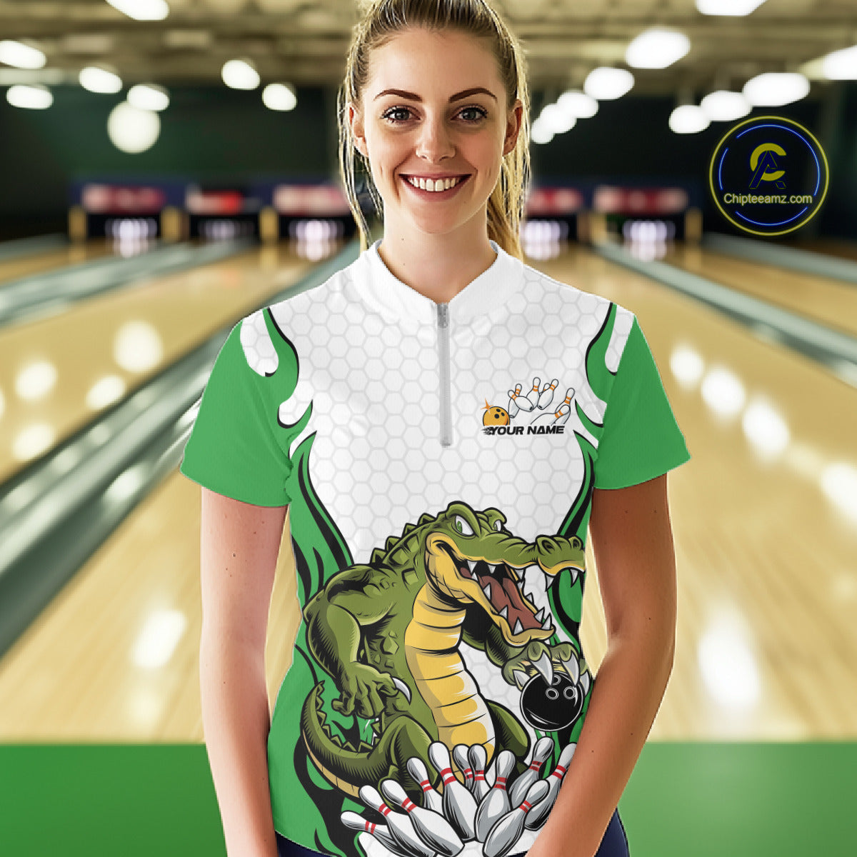 Custom Funny Alligator Women Bowling Shirts, Alligator Green Bowling Team League Shirt IPHW10685