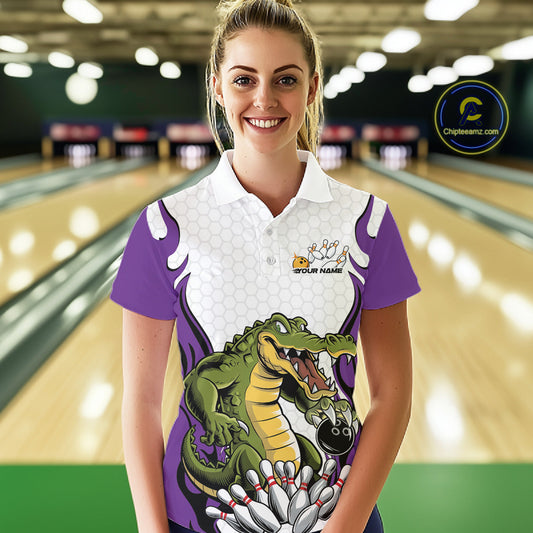 Custom Funny Alligator Bowling Women Polo Shirt, Alligator Purple Bowling Team League Shirt IPHW10687