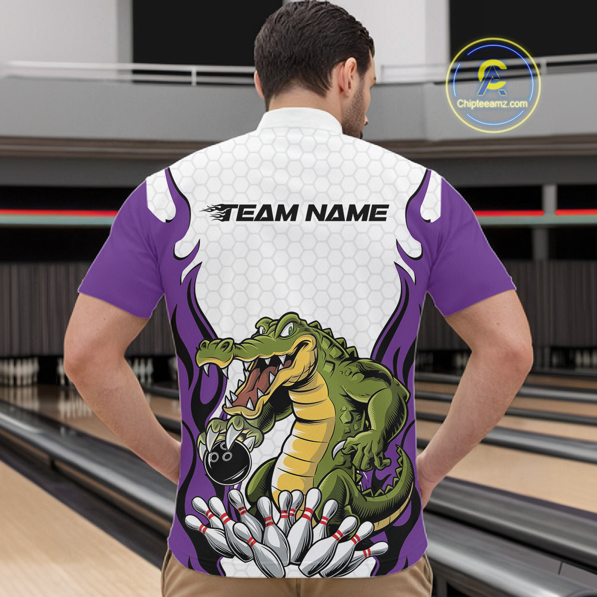 Custom Funny Alligator Bowling Men Quarter-Zip Shirt, Alligator Purple Bowling Team League Shirt IPHW10687