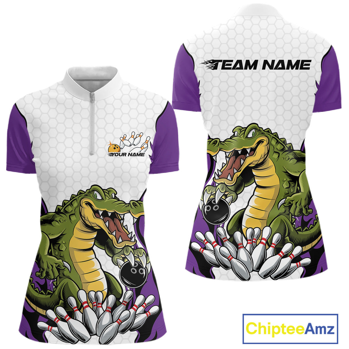 Custom Funny Alligator Women Bowling Shirts, Alligator Purple Bowling Team League Shirt IPHW10687