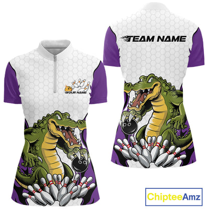 Custom Funny Alligator Women Bowling Shirts, Alligator Purple Bowling Team League Shirt IPHW10687
