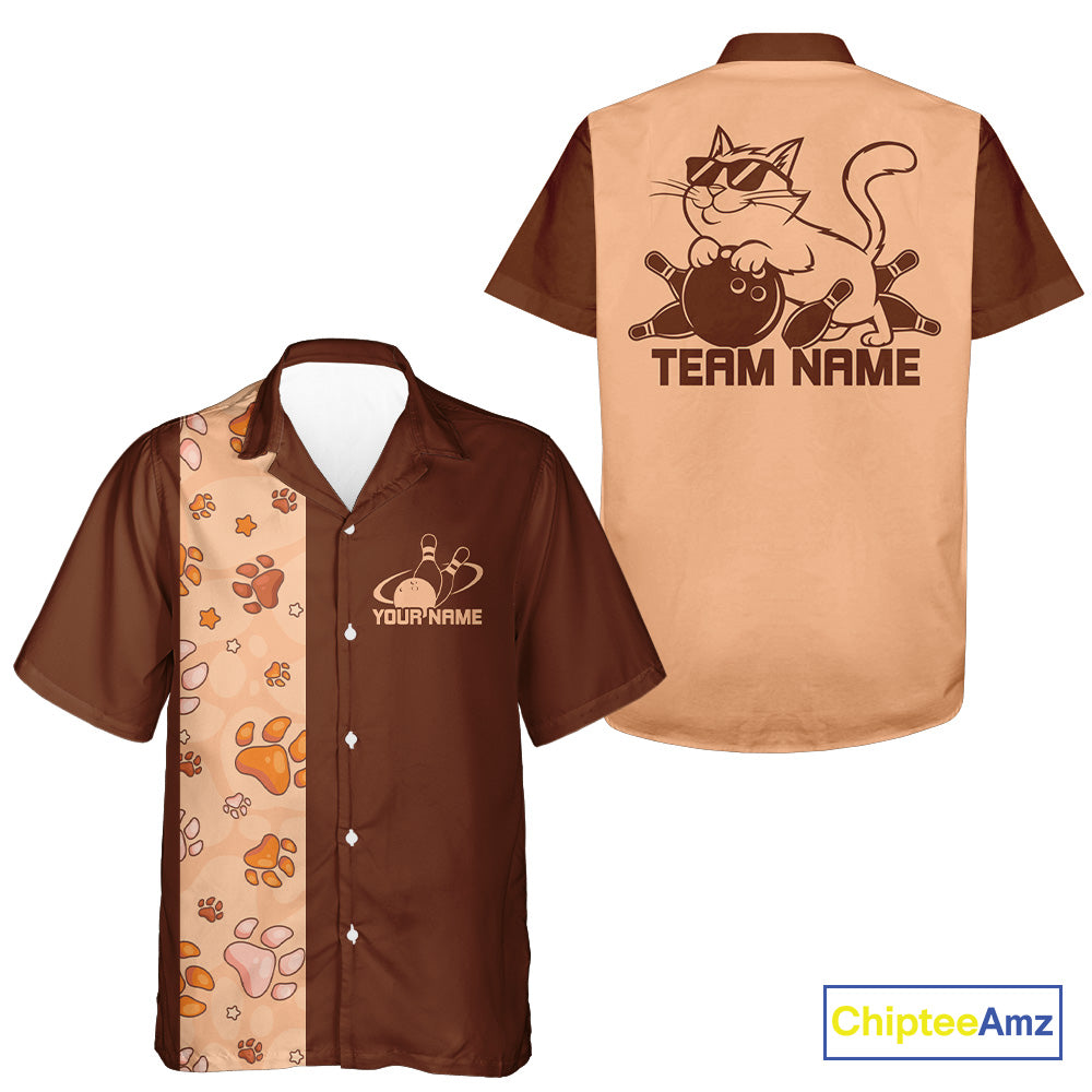Custom Retro 50S Cat Bowling Button Up Shirt Men And Women, Vintage Cat Bowling Shirt IPHW10097