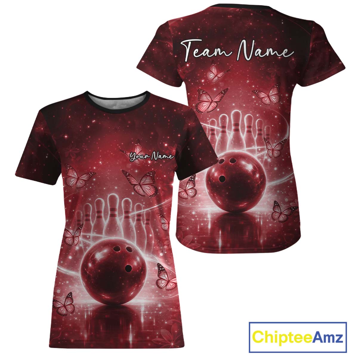 Custom Red Butterfly Women Bowling T-Shirts, Ladies Bowling League IPHW10921