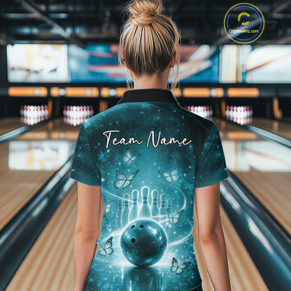 Custom Blue Butterfly Women Bowling Polo Shirt, Ladies Bowling League Shirt IPHW10922