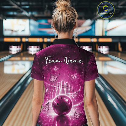 Custom Pink Butterfly Women Bowling Quarter-Zip Shirt, Ladies Bowling League Shirt IPHW10923