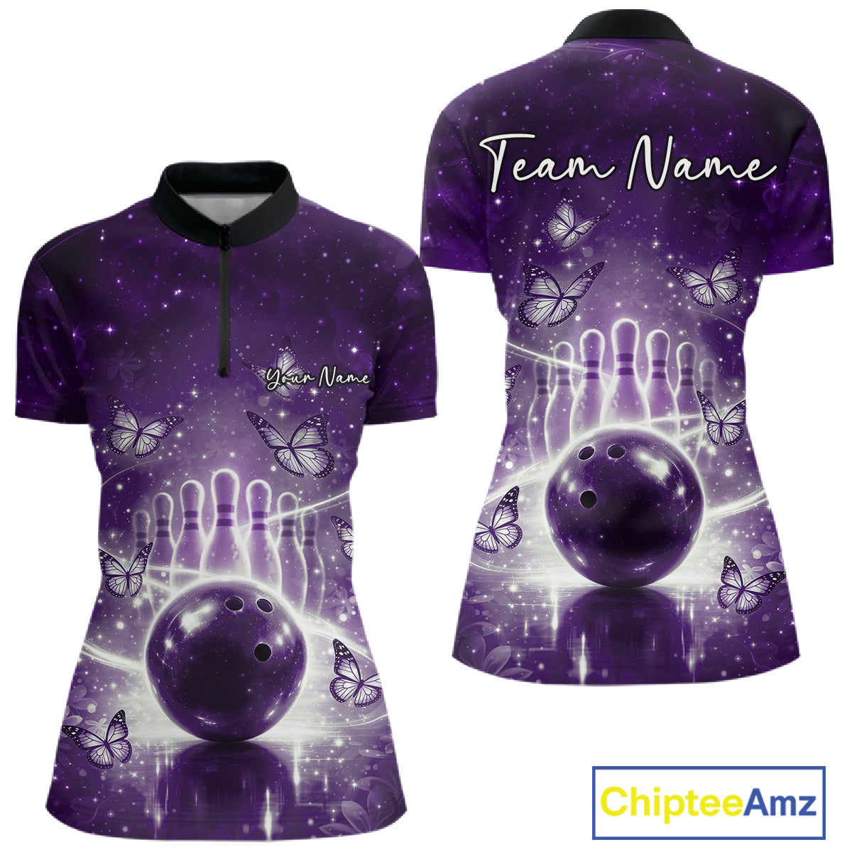 Custom Purple Butterfly Women Bowling Quarter-Zip Shirt, Ladies Bowling League Shirt IPHW10924