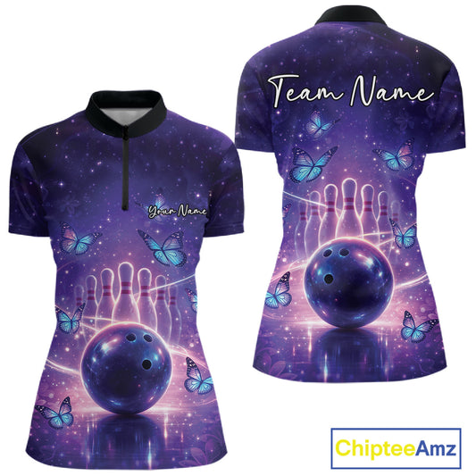 Custom Blue And Purple Butterfly Women Bowling Shirt, Ladies Bowling League Shirt IPHW10925