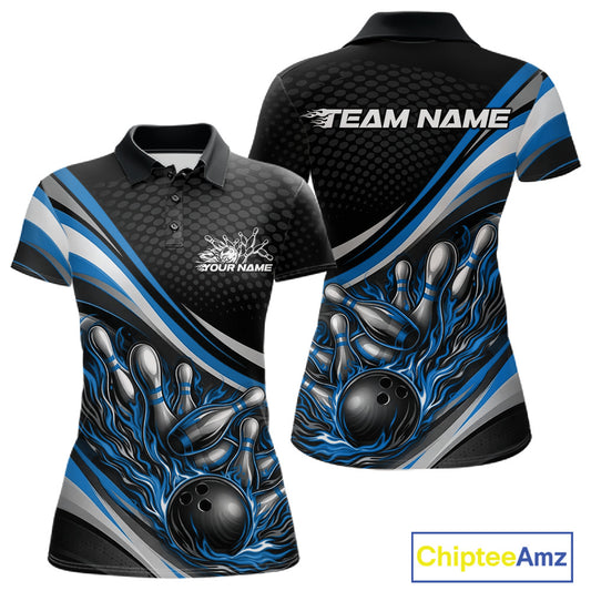 Front and back view of a women’s polo shirt mockup in black and blue, featuring flame bowling ball striking pins energetic illustration.