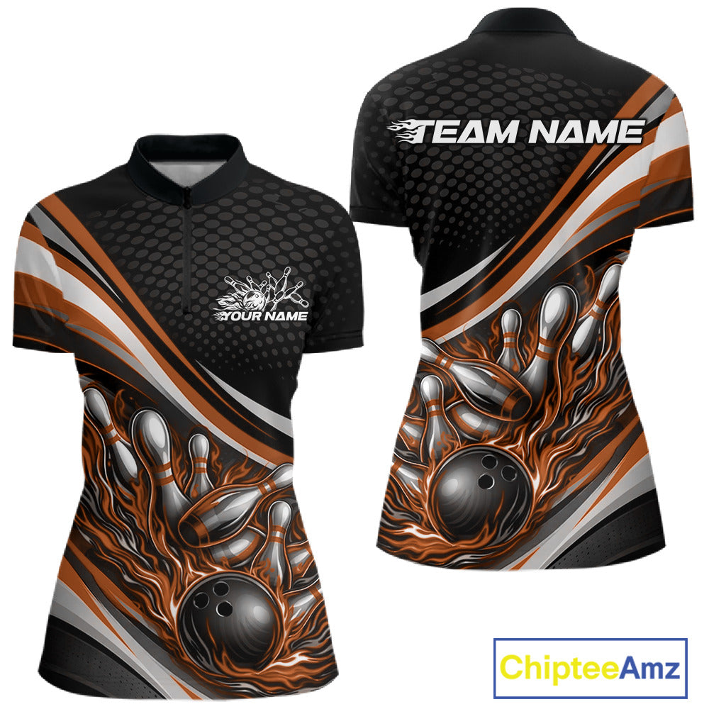 Women’s quarter zip bowling shirt mockup in black with orange accents, flame bowling ball and pins artwork on clean studio layout