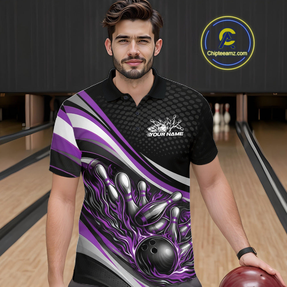 Male model in a bowling lane wearing a black and purple polo shirt, fiery bowling ball hitting pins with dynamic motion graphics.