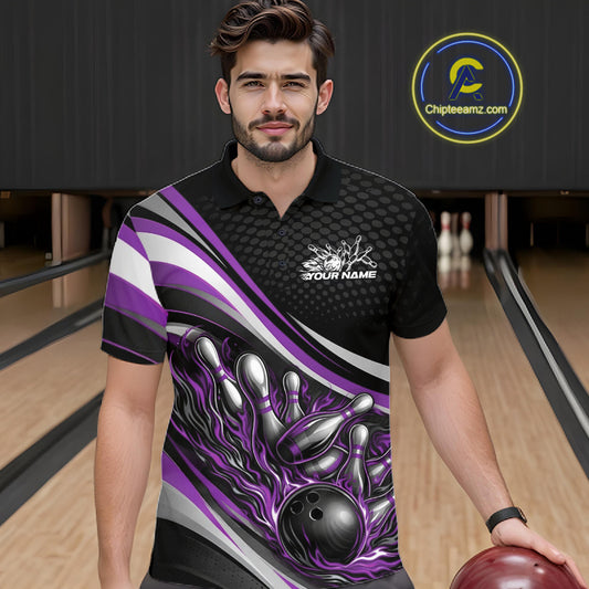 Male model in a bowling lane wearing a black and purple polo shirt, fiery bowling ball hitting pins with dynamic motion graphics.