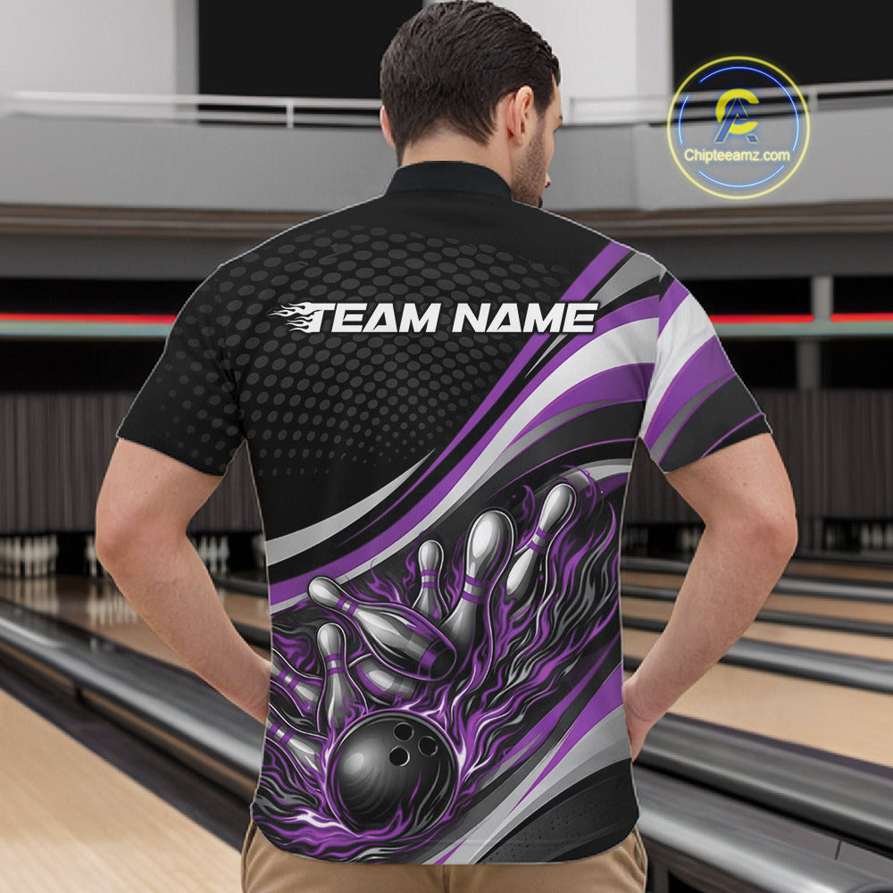 Male model in a bowling lane wearing a black and purple quarter-zip shirt, flame bowling action artwork with pins scattering effect.
