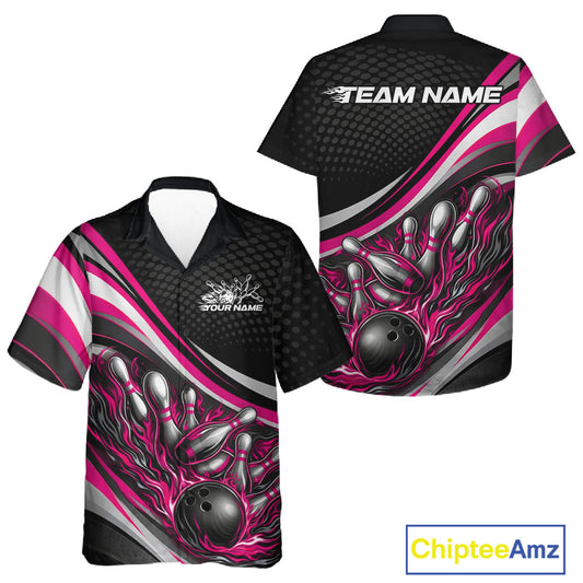 Front and back view of a button-up bowling shirt mockup in black and pink, featuring flame bowling ball hitting pins with energetic motion graphics.