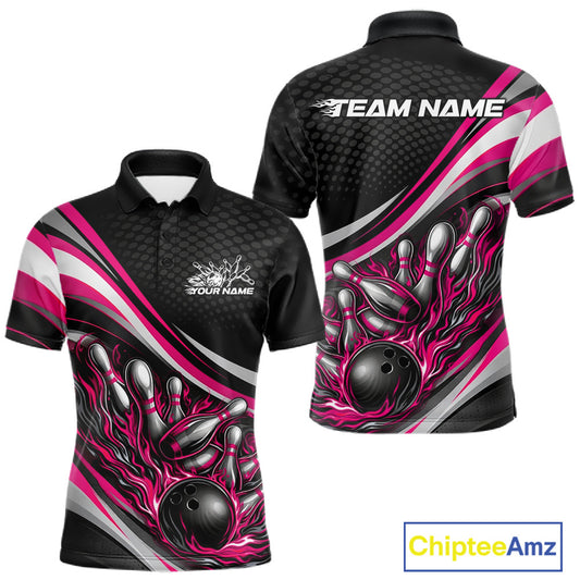 Front and back view of a men’s polo shirt mockup in black and pink, featuring flame bowling ball striking pins sporty illustration.