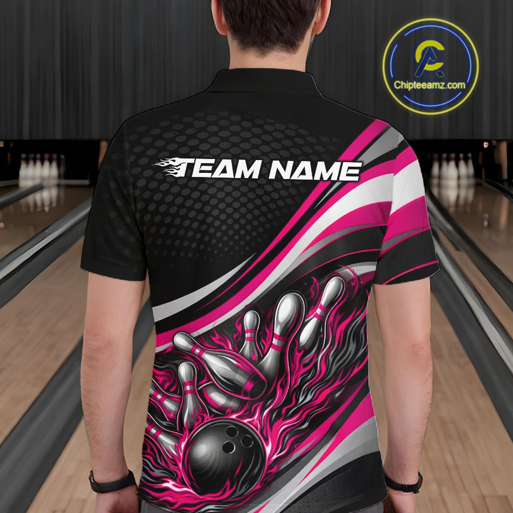 Back view of a male bowler wearing a black and pink polo shirt, flame bowling strike design with scattered pin effect.
