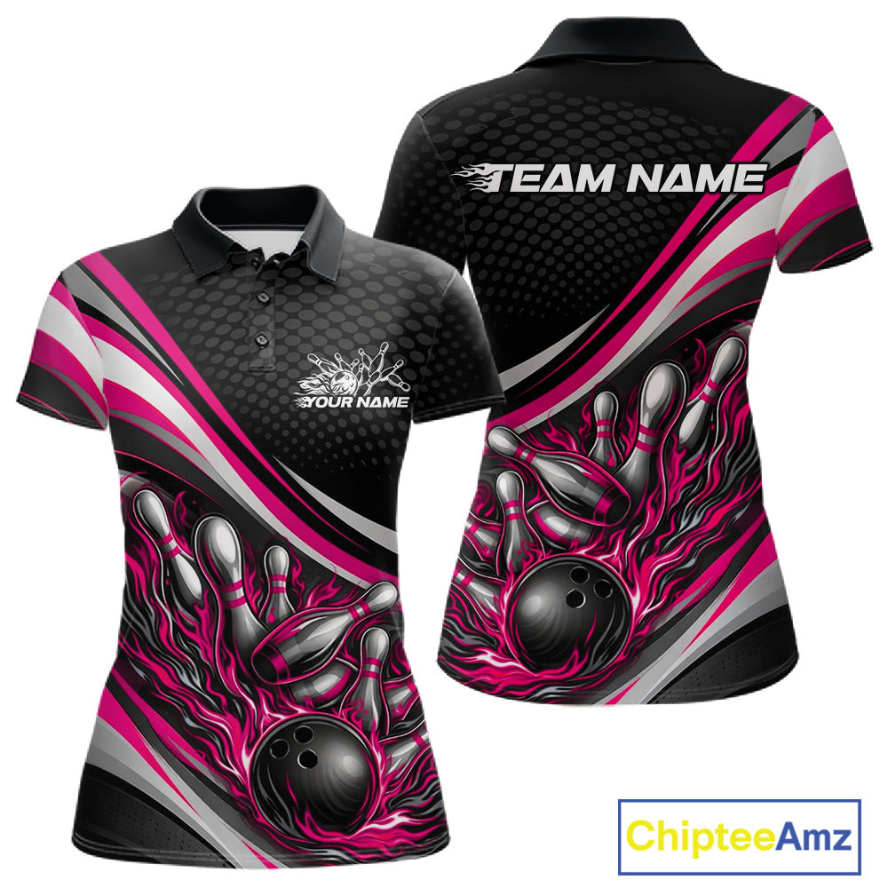 Front and back view of a women’s polo shirt mockup in black and pink, featuring flame bowling ball striking pins sporty illustration.
