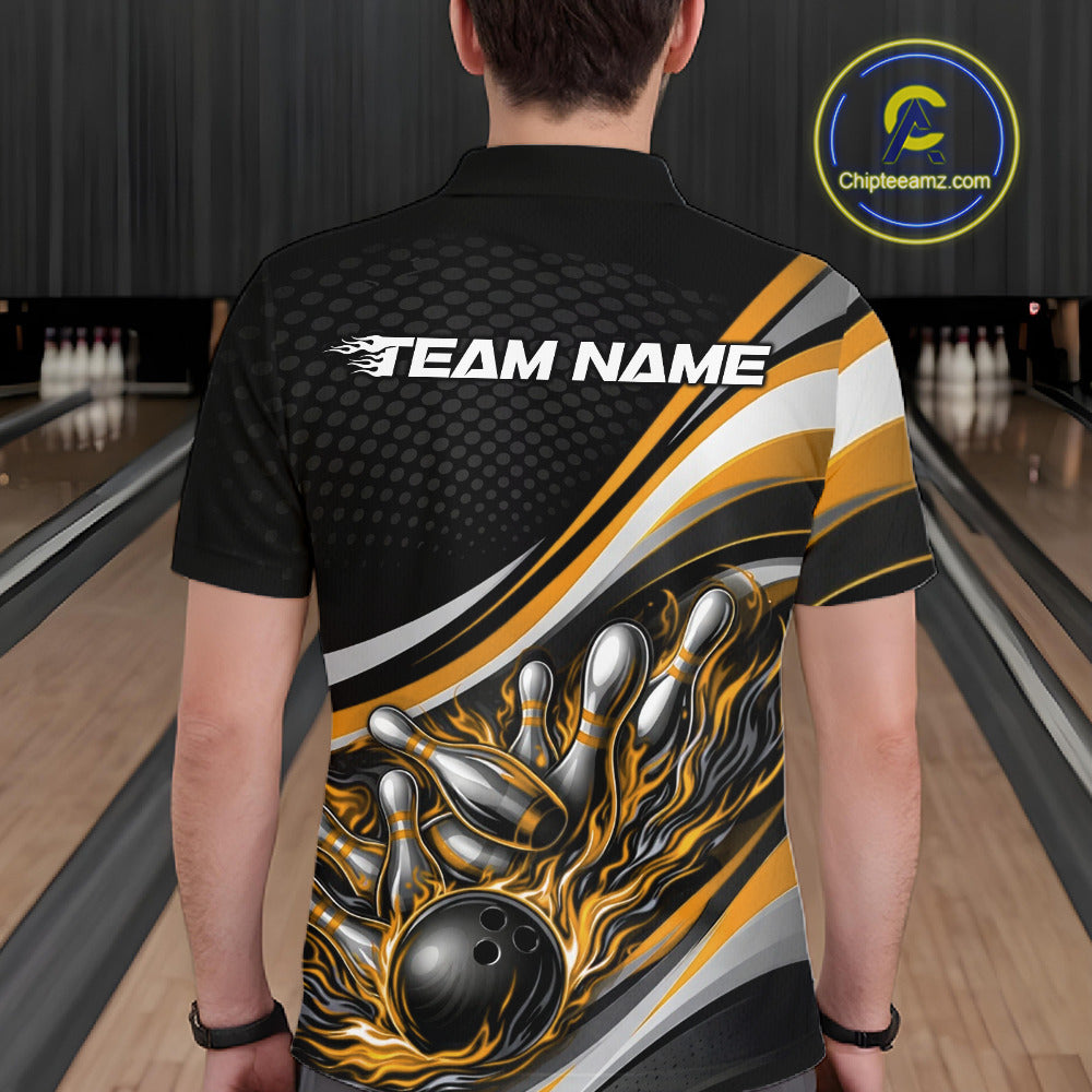 Back view of a male bowler wearing a black and yellow polo shirt, flame bowling strike illustration with bold pin impact design.