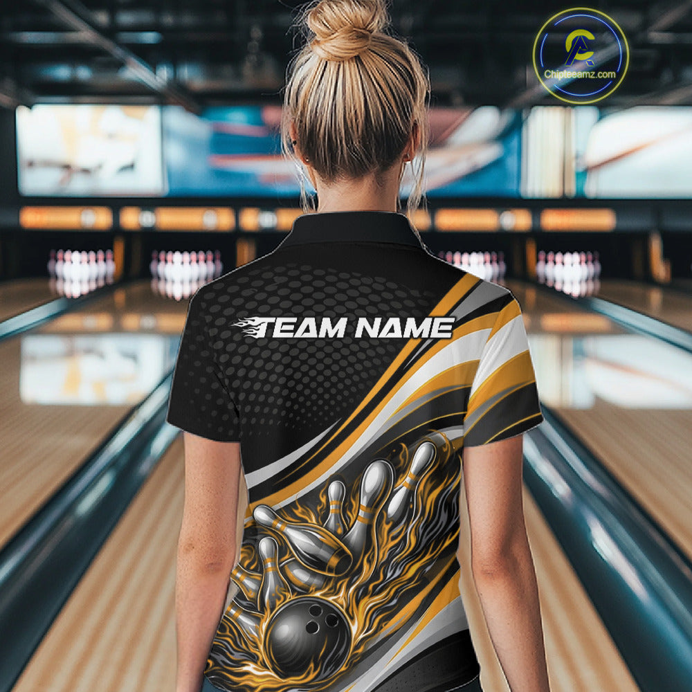 Back view of a female bowler wearing a black and yellow polo shirt, flame bowling ball and pins illustration with dynamic strike motion.