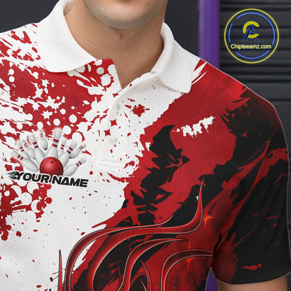 Close up left chest of bowling polo shirt, black fabric with red and white flame bowling ball and pins emblem, detailed apparel branding perspective