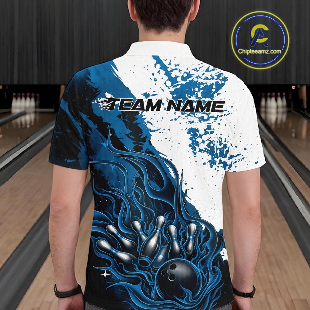 Bowling lane back view male model wearing bowling polo shirt, black base with blue and white flame bowling ball and pins artwork, promotional sports atmosphere