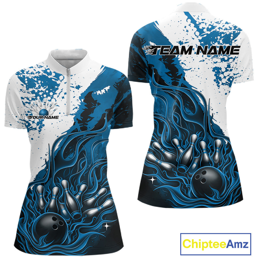 Front and back view of a womens black bowling quarter-zip shirt mockup featuring flame bowling ball and pins design in blue and white tones with energetic sportswear graphics.