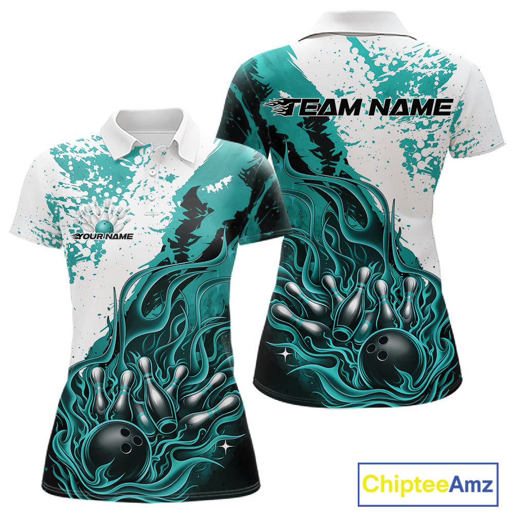Front and back view womens bowling polo shirt mockup, black turquoise blue and white colorway, flame bowling ball and pins artwork, studio apparel presentation