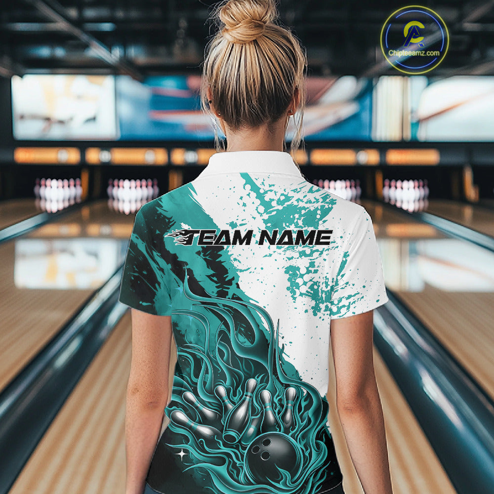 Bowling lane back view female model wearing bowling polo shirt, black turquoise blue and white palette, flame bowling ball and pins artwork, promotional sports atmosphere