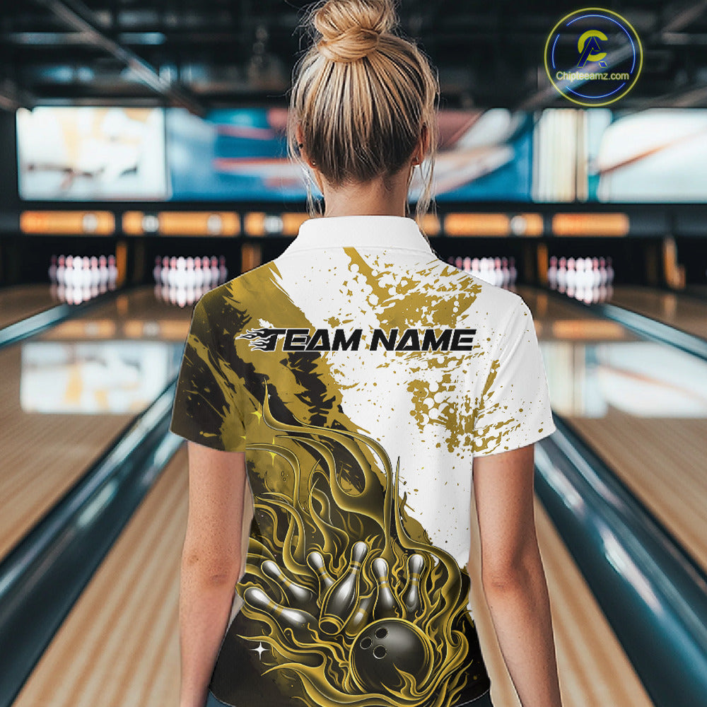 Bowling lane back view female model wearing bowling polo shirt, black yellow and white colors, flame bowling ball and pins artwork, athletic promotional atmosphere