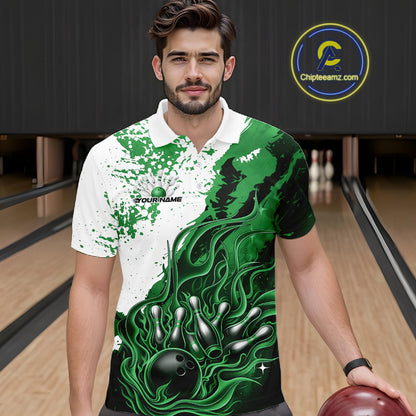 In bowling lane front view male model wearing bowling polo shirt, black base with green and white flame bowling ball and pins artwork, dynamic sports lighting