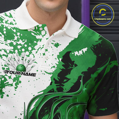 Close up left chest of bowling polo shirt, black fabric with green and white flame bowling ball and pins emblem, detailed apparel branding view