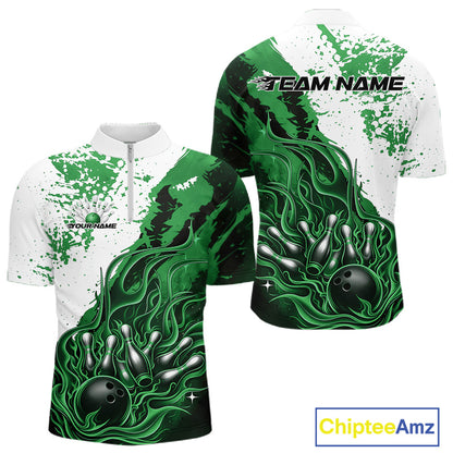 Front and back view of a mens black bowling quarter-zip shirt mockup featuring flame bowling ball and pins design in black, green, and white tones.