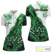 Load image into Gallery viewer, Custom Green Flame Bowling Women Quarter-Zip Shirt, Bowling Team League Shirt IPHW11246