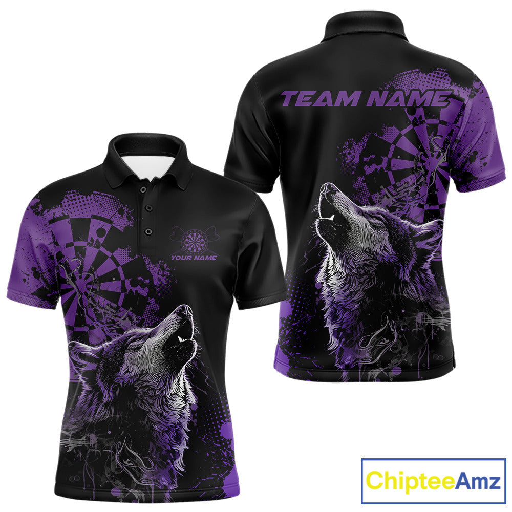 Custom Black And Purple Splatter Grunge Dart Wolf Men Polo Shirts, Wolf Dart Team Jerseys IPHW10011
