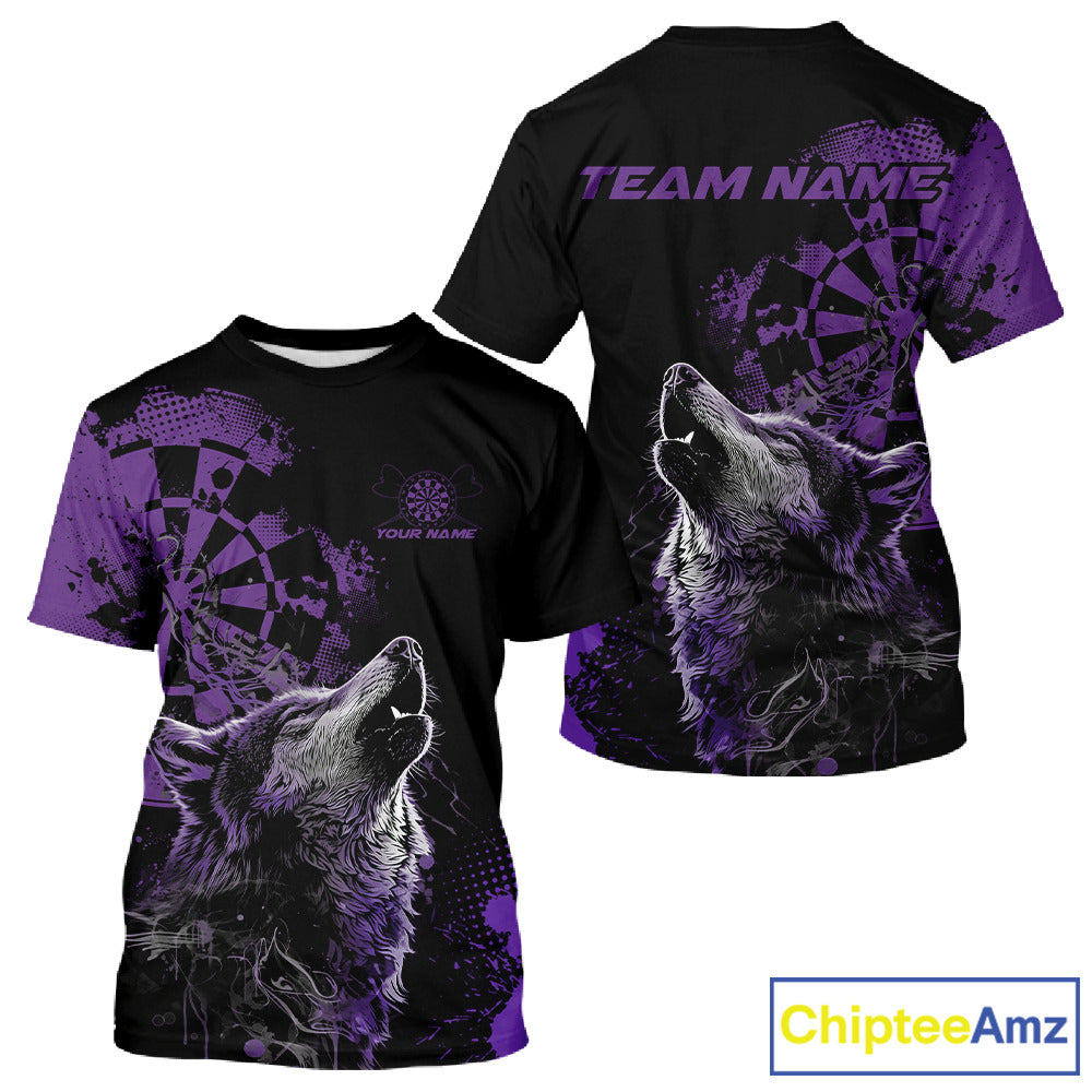 Custom Black And Purple Splatter Grunge Dart Wolf Men T-Shirts, Wolf Dart Team Jerseys IPHW10011