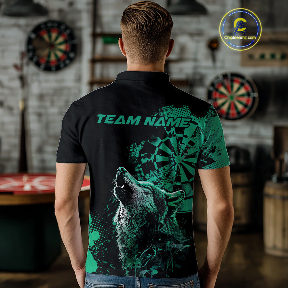 Custom Black And Green Splatter Grunge Dart Wolf Men Polo Shirts, Wolf Dart Team Jerseys IPHW10013