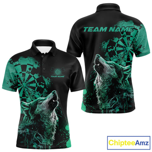 Custom Black And Green Splatter Grunge Dart Wolf Men Polo Shirts, Wolf Dart Team Jerseys IPHW10013