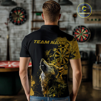 Custom Black And Yellow Splatter Grunge Dart Wolf Men Polo Shirts, Wolf Dart Team Jerseys IPHW10014