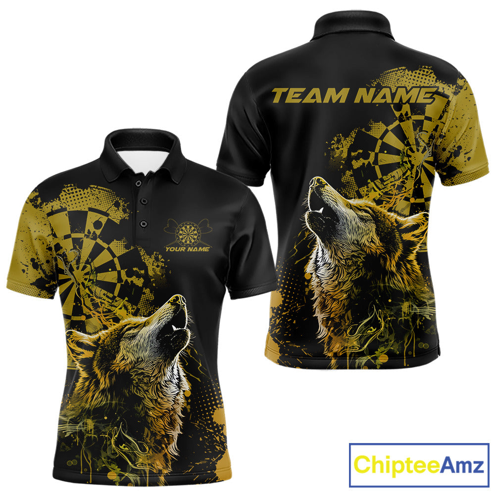 Custom Black And Yellow Splatter Grunge Dart Wolf Men Polo Shirts, Wolf Dart Team Jerseys IPHW10014